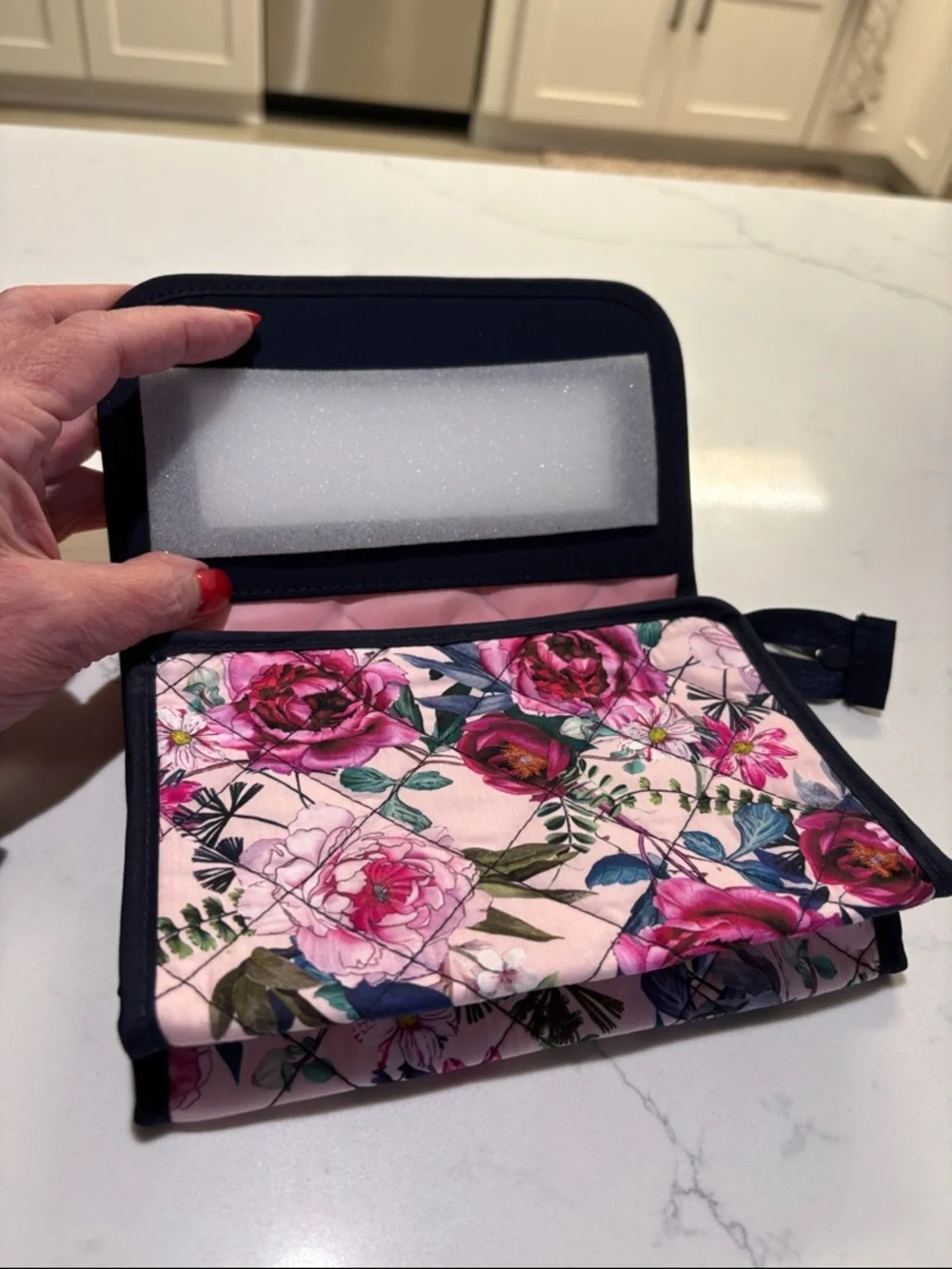 Floral Quilted Foldover Cosmetic Bag with mirror - Pink Floral….